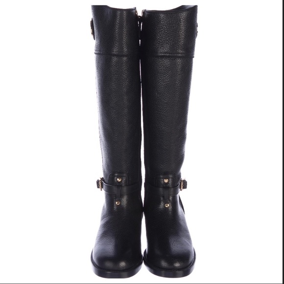 Tory Burch Teresa Logo Black Tumbled/Pebbled Leather Riding Boots - Picture 4 of 15